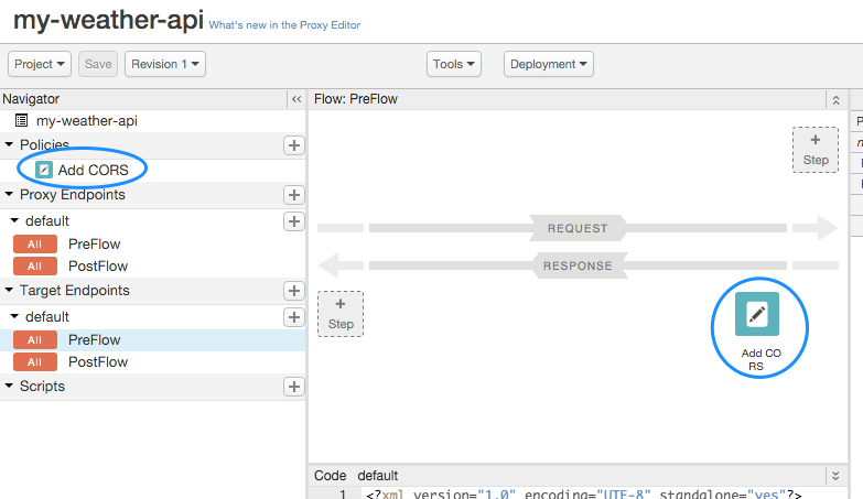 Add CORS policy added to navigator under Policies and attached to TargetEndpoint response preflow in right pan