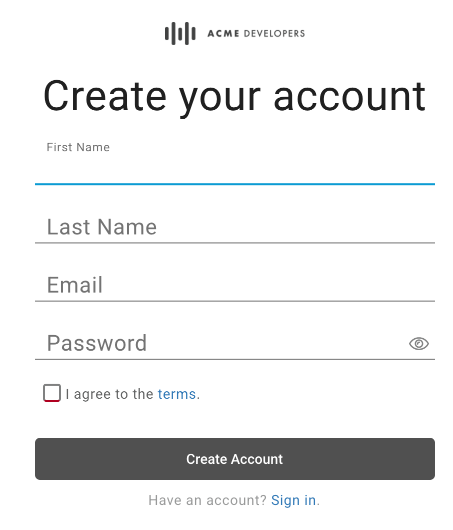 Create your account dialog