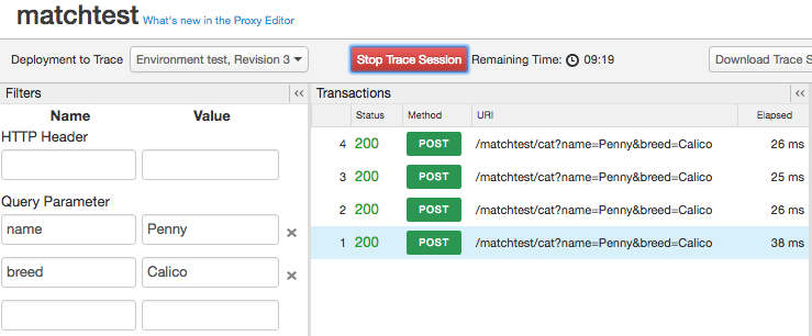 Under Transactions, four results show up that match two preset query parameters.