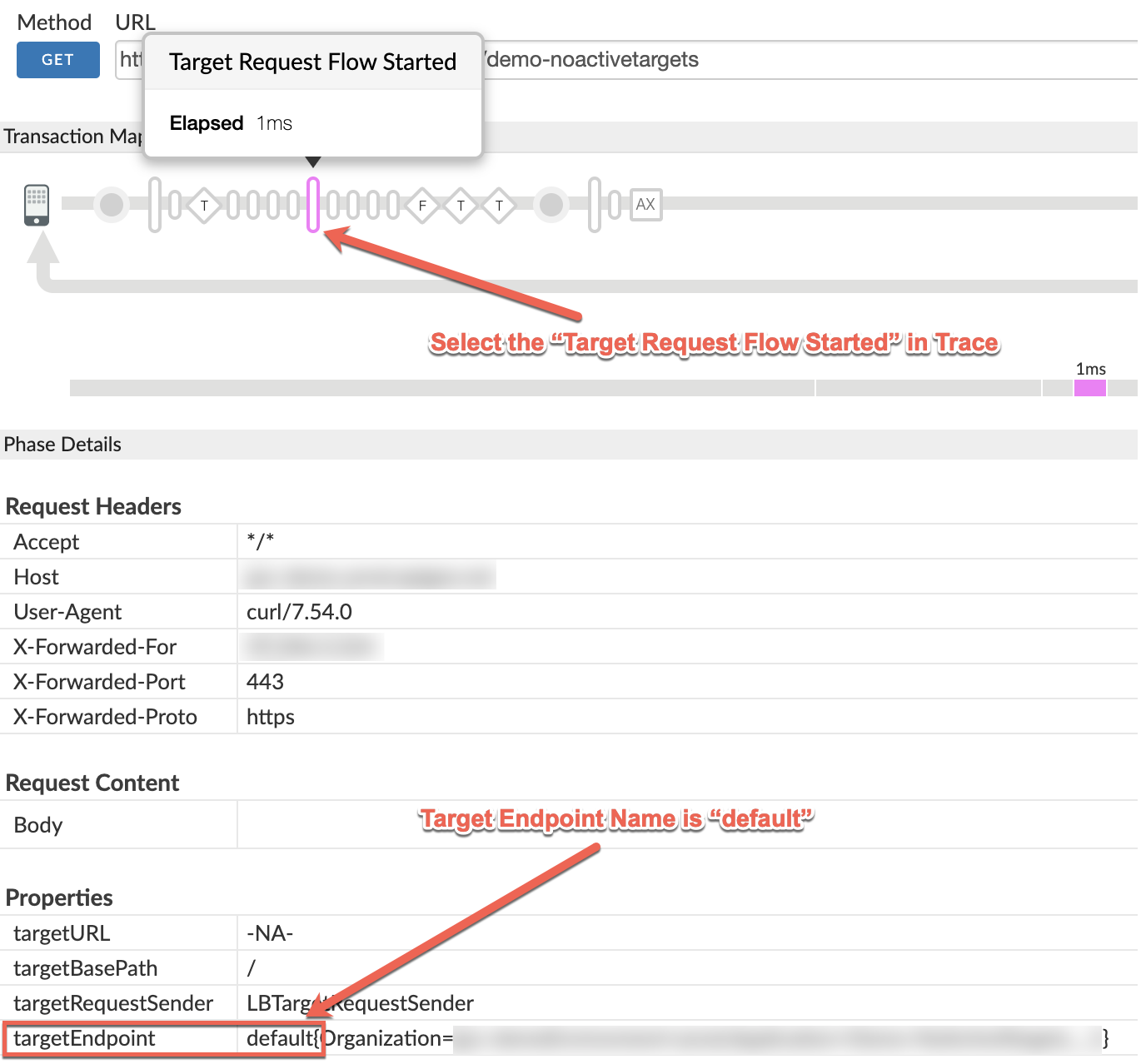Determining target endpoint name from trace