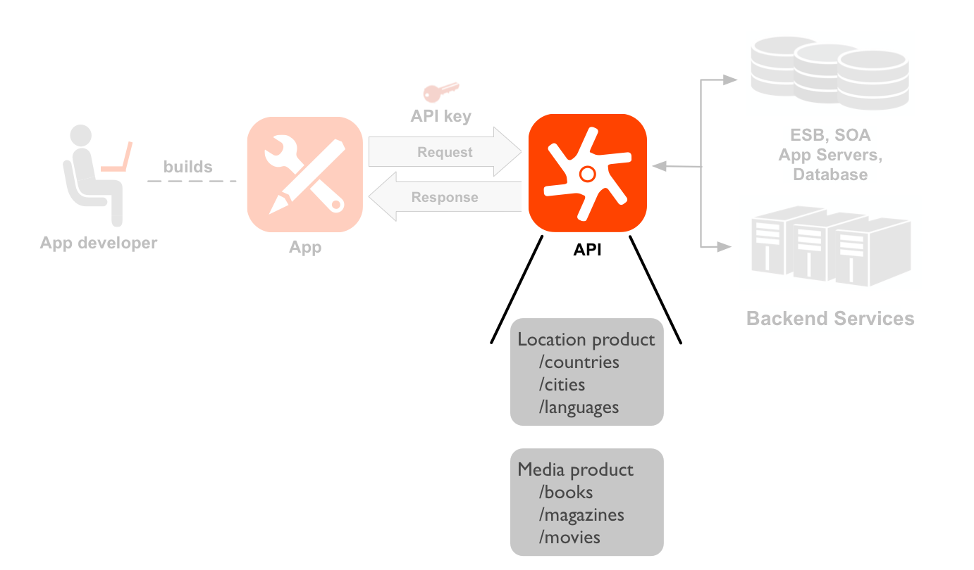 左から右への順でデベロッパー、アプリ、API、バックエンド サービスを示す図。API アイコンとリソースがハイライト表示されています。デベロッパーから始まる点線は、デベロッパーが作成したアプリのアイコンを指しています。アプリと API アイコンの間の矢印は、API アイコンに対するリクエストとレスポンスのフローを示しています。リクエストの上にアプリキーがあります。API アイコンとリソースがハイライト表示されています。API アイコンの下にはリソースパスのセットが 2 つあり、これらは 2 つの API プロダクト（Location プロダクトと Media プロダクト）にグループ化されています。Location プロダクトには /countries、/cities、/languages 用のリソースがあり、Media プロダクトには /books、/magazines、/movies 用のリソースがあります。API の右側には、API が呼び出すバックエンド リソース（データベース、エンタープライズ サービスバス、アプリサーバー、汎用バックエンドなど）があります。