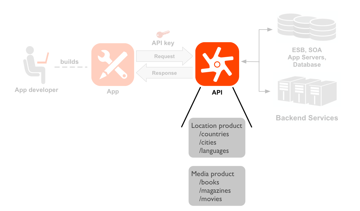显示开发者、应用、API 和后端服务的从左到右的序列图。突出显示 API 图标和资源。虚线从开发者指向开发者已构建的应用的图标。从应用出发的箭头和指向应用的箭头表示到 API 图标的请求和响应流,请求上方显示应用密钥。突出显示 API 图标和资源。API 图标下是两组资源路径,分为两个 API 产品:位置产品和媒体产品。位置产品具有 /countries、/cities、/languages 资源,媒体产品具有 /books、/magazines、/movies 资源。API 的右侧是 API 调用的后端资源,包括数据库、企业服务总线、应用服务器和通用后端。