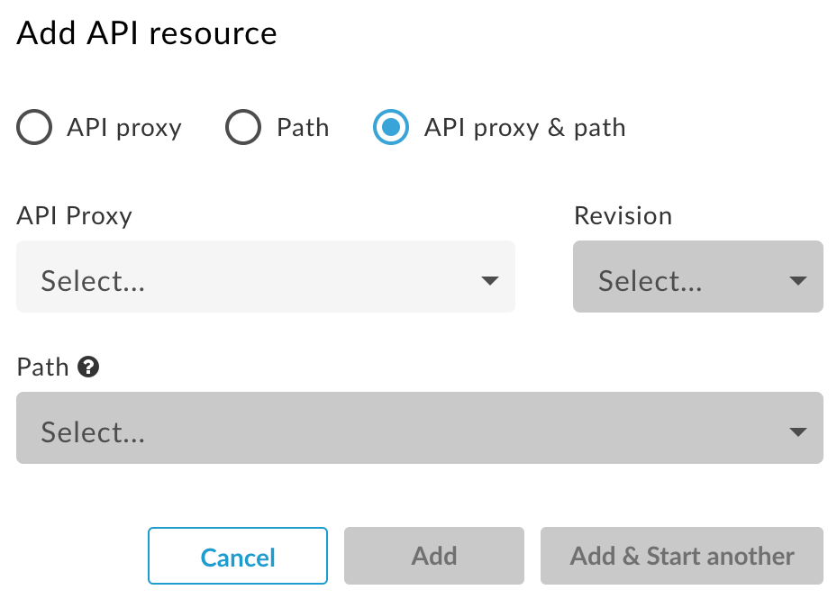 La sezione Aggiungi risorse API consente di aggiungere un proxy API, un percorso della risorsa o entrambi.