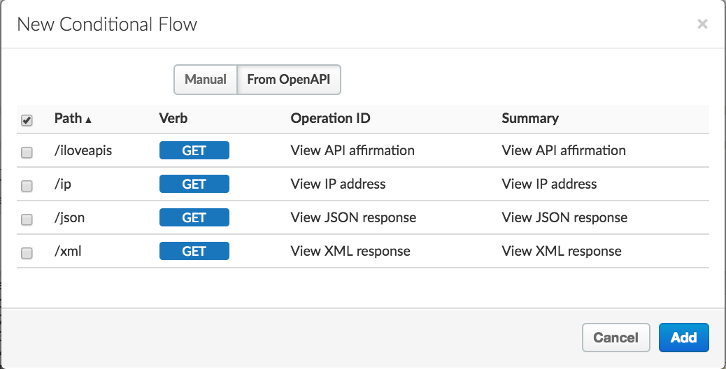 Resource yang tidak ditampilkan sebagai flow di proxy API saat ini. Contoh ini mencakup /loveapis, /ip, /json, dan /xml.