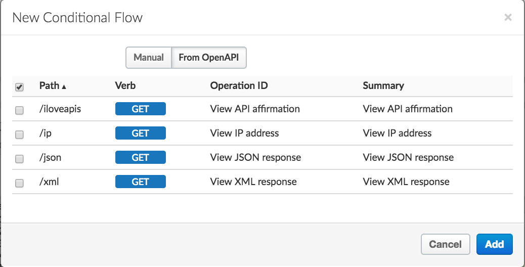 ทรัพยากรที่ไม่ได้แสดงเป็นโฟลว์ในพร็อกซี API ปัจจุบัน ตัวอย่างเช่น /loveapis, /ip, /json และ /xml