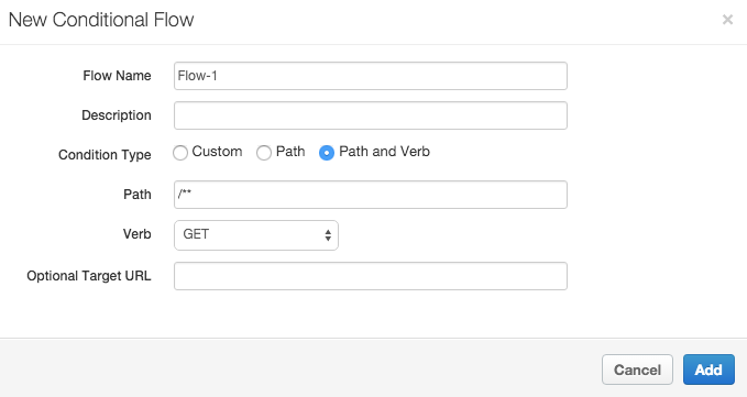 在「New Conditional Flow」窗格中，流程名稱為 Flow-1，而條件類型
    路徑和動詞的格式