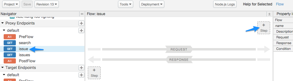 In the Navigator menu, an example conditional flow named issue is highlighted, and
    in the Flow pane, the Step button is shown.