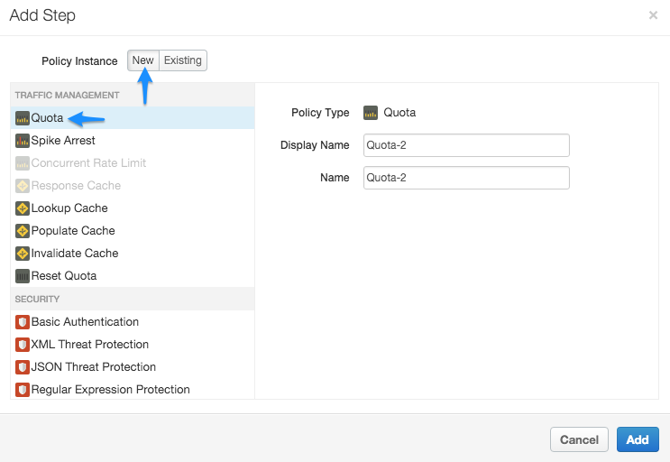 Di panel Add Step, instance kebijakan baru dibuat dengan jenis kebijakan Quota dan nama tampilan Quota-2.