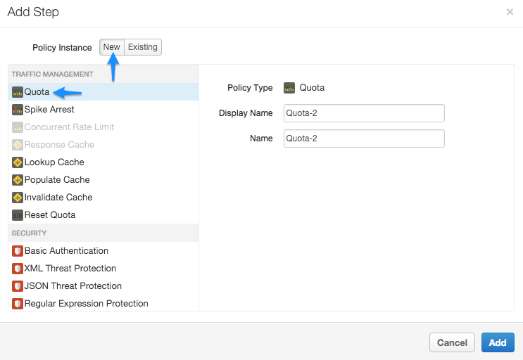 In the Add Step pane, a new policy instance is created with the policy type Quota and
    display name Quota-2.
