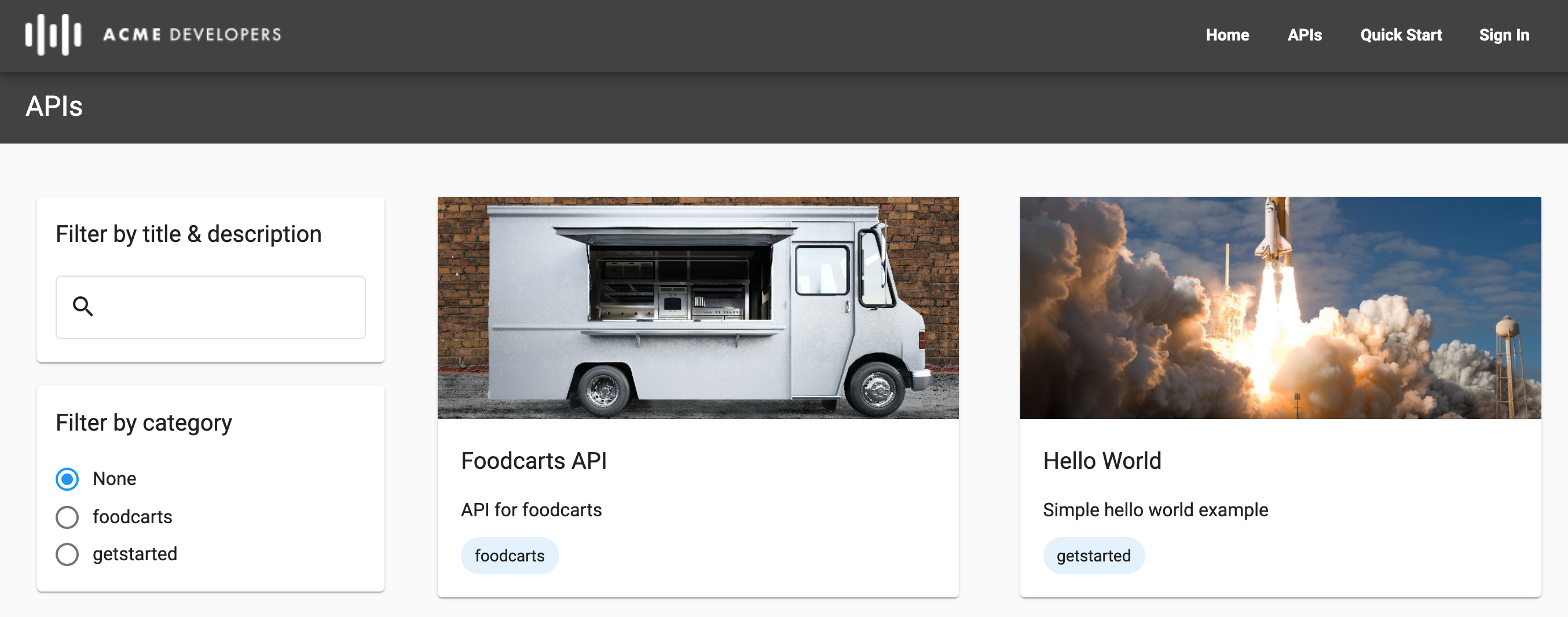 Página API del portal en vivo que muestra dos categorías y el uso de imágenes