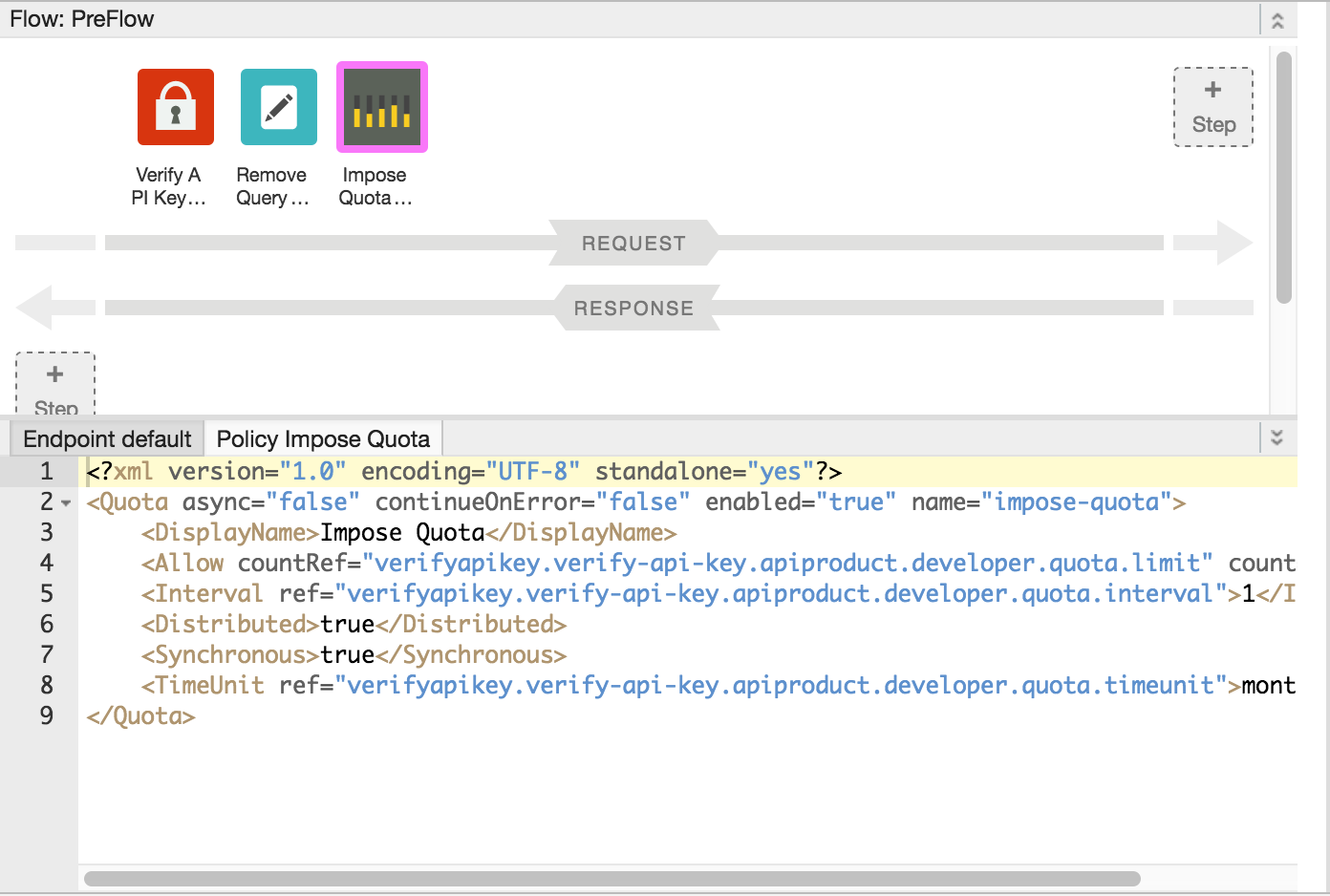 Políticas no PreFlow na visualização "Designer" e "Código".