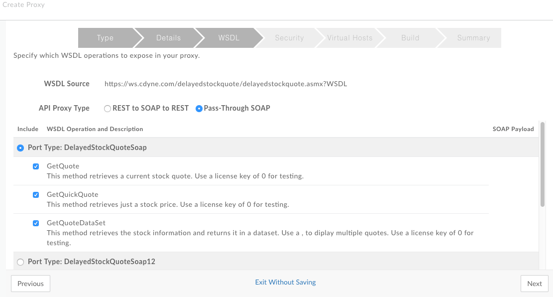 WSDL 페이지에서 API 프록시 유형은 Pass-Through SOAP로 설정되고 GetQuote와 같은 작업 목록은 포트 유형별로 정리됩니다.
