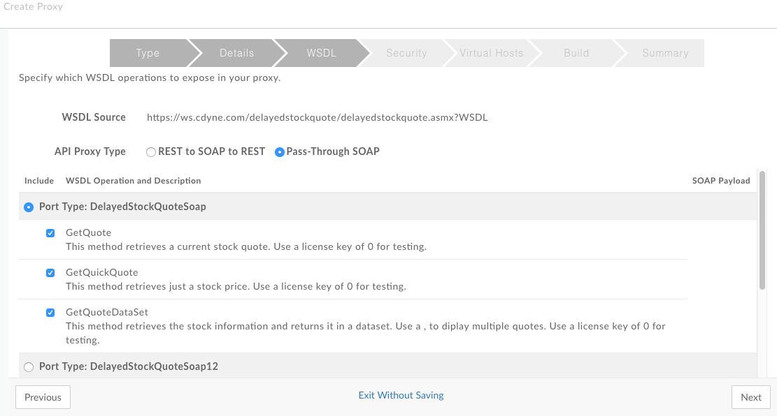Auf der WSDL-Seite ist der API-Proxytyp auf Pass-Through SOAP eingestellt und eine Liste von Vorgängen wie GetQuote ist nach Porttyp geordnet.