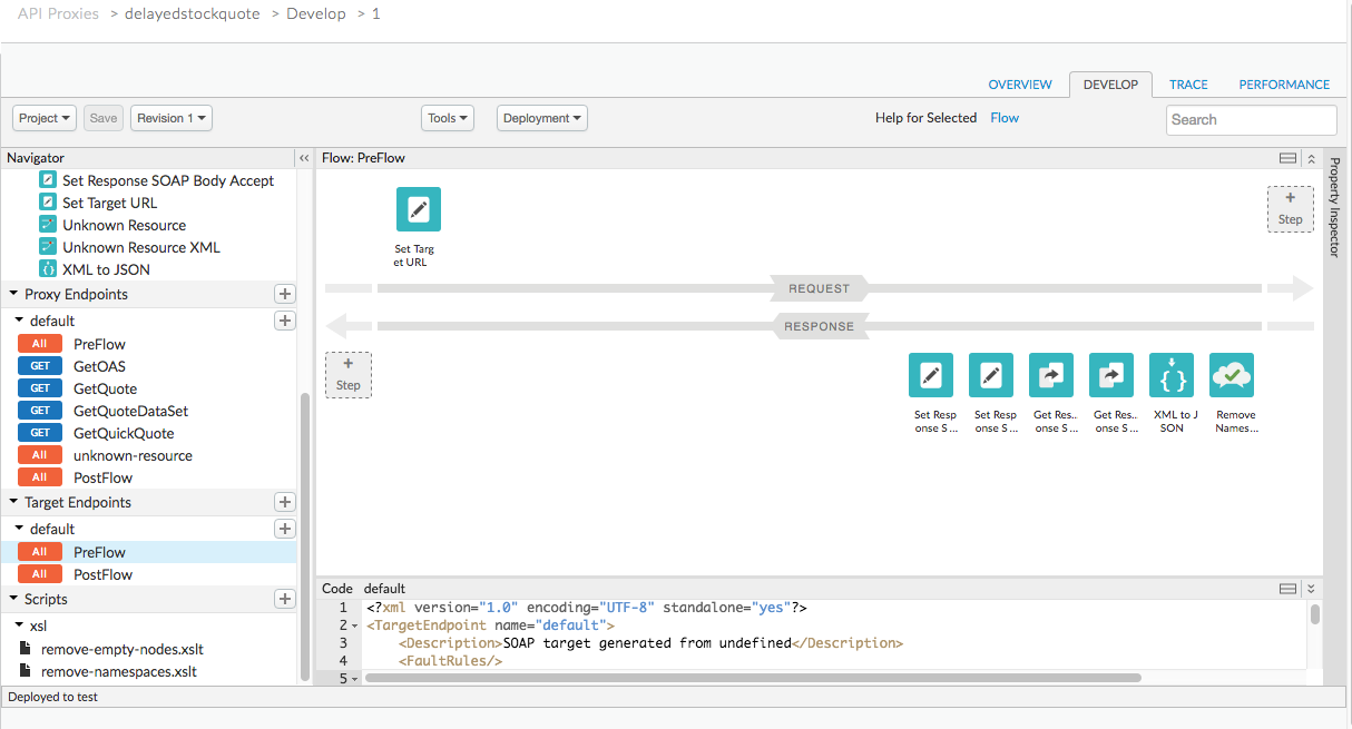 In the Develop view, in the Flow panel, arrows depict the flow from request to
    response, and icons depict policies.