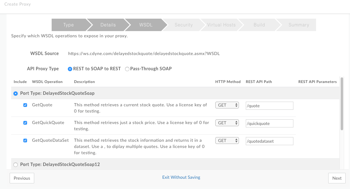 On the WSDL operations page, API proxy type is set to REST to SOAP to REST, and a
    table shows one row of results with the add operation.