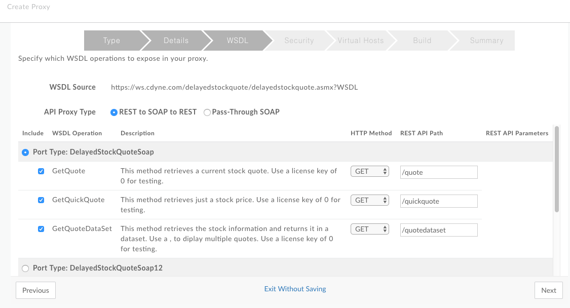 在 WSDL 操作页面上，API 代理类型设置为 REST to SOAP to REST，然后一个表格会显示一行结果以及添加操作。