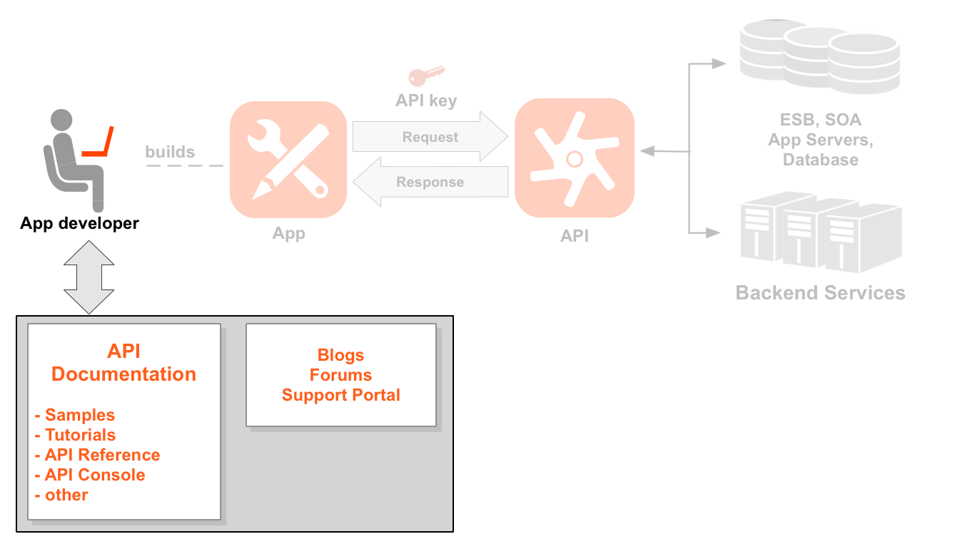 左から右への順でデベロッパー、アプリ、API、バックエンド サービスを示す図。デベロッパー アイコンがハイライト表示されています。デベロッパーの下にはデベロッパー ポータルを表すボックスがあります。ポータルには API ドキュメント、サンプル、チュートリアル、API リファレンスなどが含まれています。さらにポータルにはブログ、フォーラム、サポート ポータルも含まれています。ハイライトされたデベロッパーから始まる点線は、デベロッパーが作成したアプリのアイコンを指しています。アプリと API アイコンの間の矢印は、API アイコンに対するリクエストとレスポンスのフローを示しています。リクエストの上にアプリキーがあります。API アイコンの下にはリソースパスのセットが 2 つあり、これらは 2 つの API プロダクト（Location プロダクトと Media プロダクト）にグループ化されています。Location プロダクトには /countries、/cities、/languages 用のリソースがあり、Media プロダクトには /books、/magazines、/movies 用のリソースがあります。API の右側には、API が呼び出すバックエンド リソース（データベース、エンタープライズ サービスバス、アプリサーバー、汎用バックエンドなど）があります。