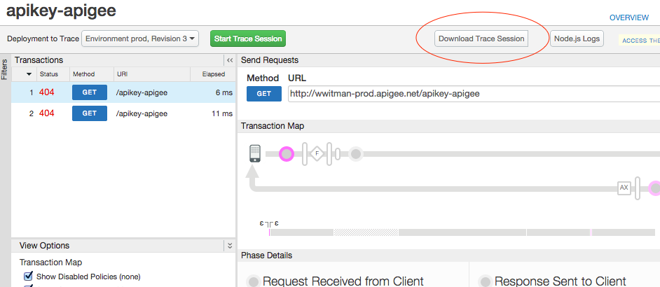 O botão "Fazer o download da sessão de trace" está circulado.