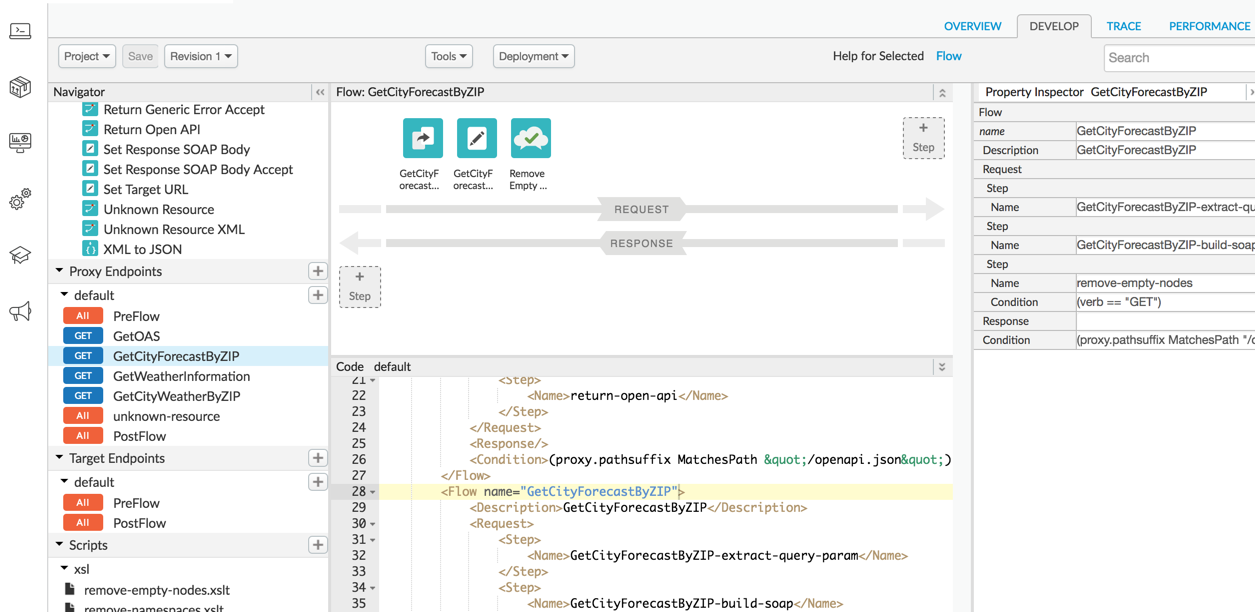 Muestra la pestaña Develop seleccionada en el editor de proxy de API en la IU de Edge.