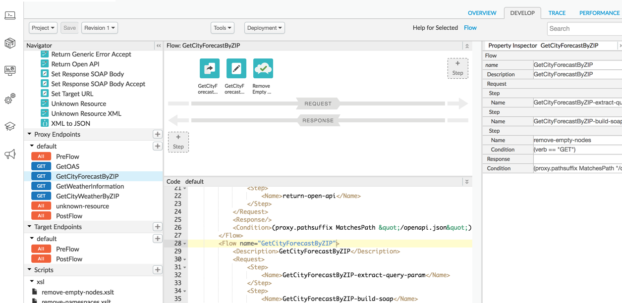 Shows the Develop tab selected in the API proxy editor in the Edge UI.