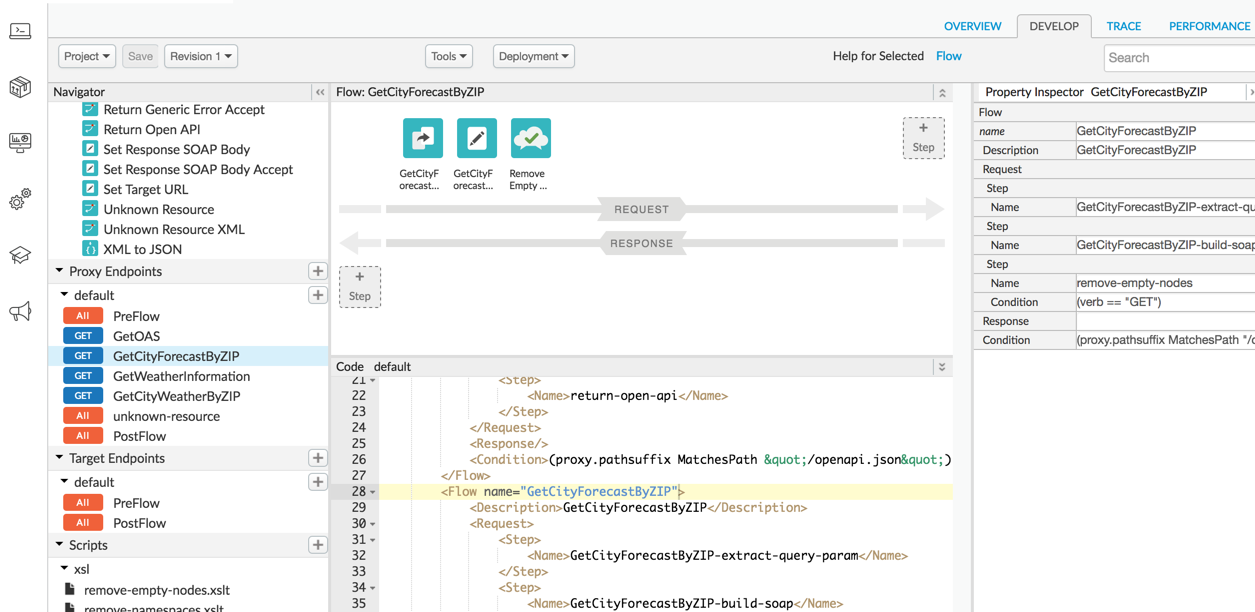 Mostra la scheda Sviluppo selezionata nell'editor proxy API nella UI Edge.