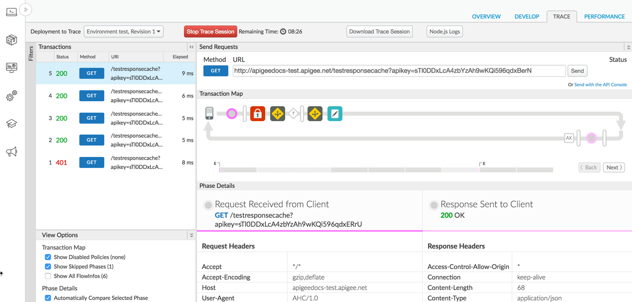 Menampilkan tab Trace yang dipilih di editor proxy API di UI Edge.