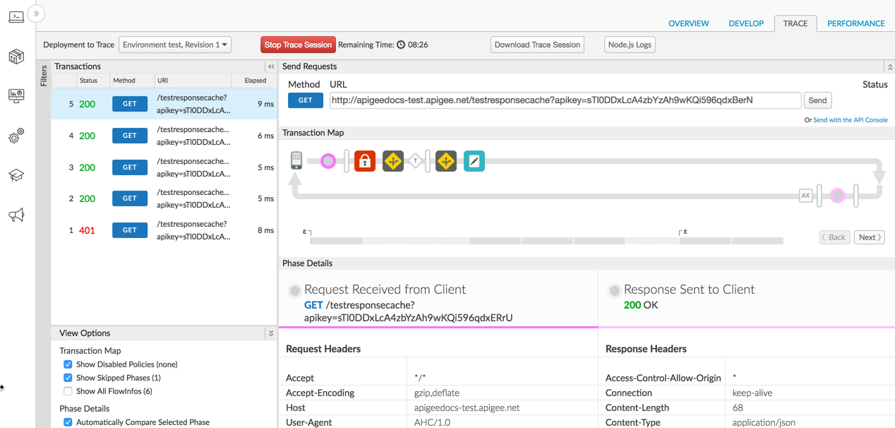 Affiche l'onglet "Trace" sélectionné dans l'éditeur de proxy d'API de l'interface utilisateur Edge.