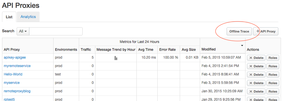 בדף API Proxies, הלחצן Offline Trace מוקף בעיגול.