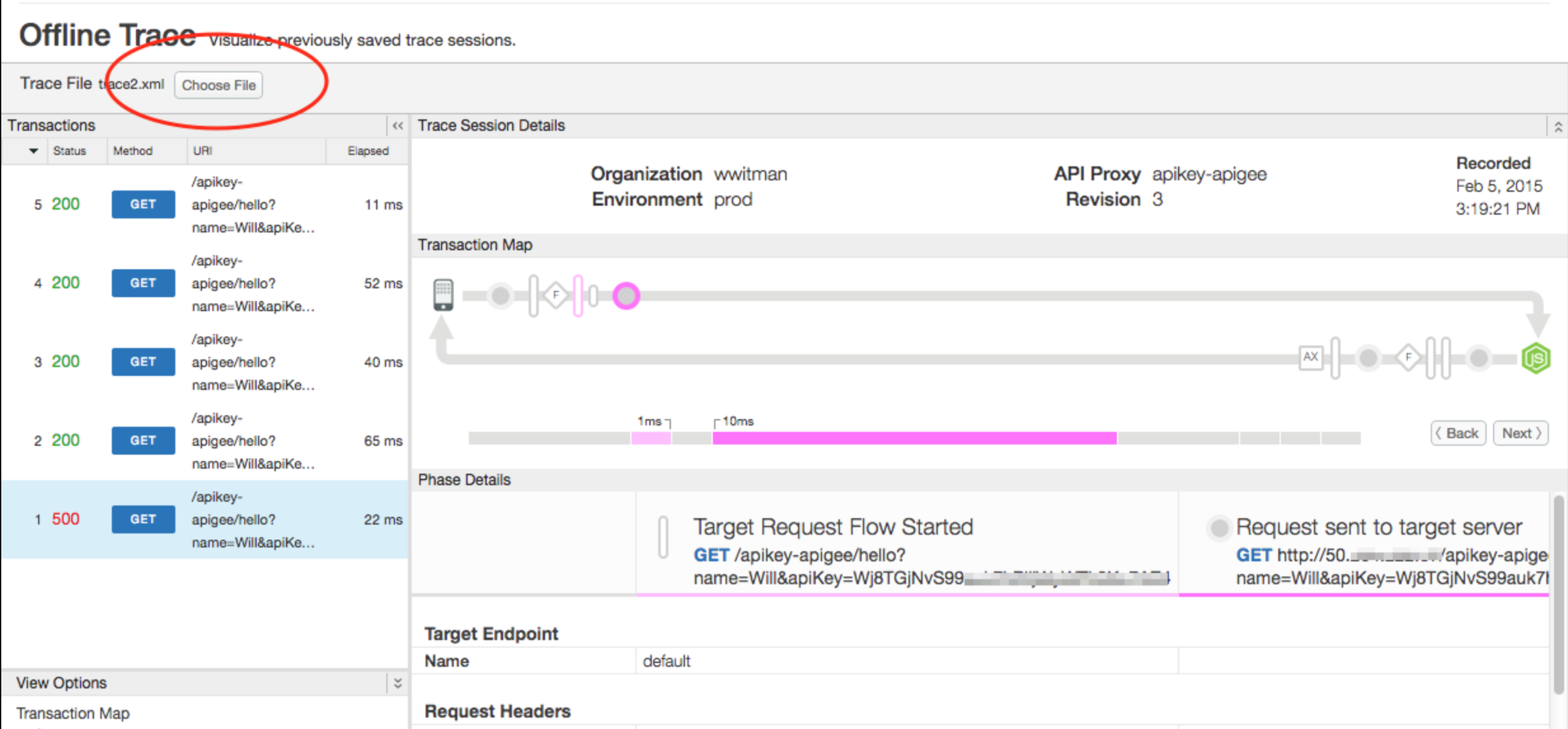 In the Offline Trace tool, the Choose file button is circled.