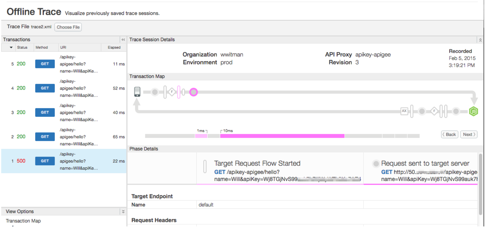 Exemple de l&#39;outil de trace hors connexion affichant les transactions, les détails d&#39;une session de traçage, un mappage de transactions, les détails de la phase, les options d&#39;affichage, etc.