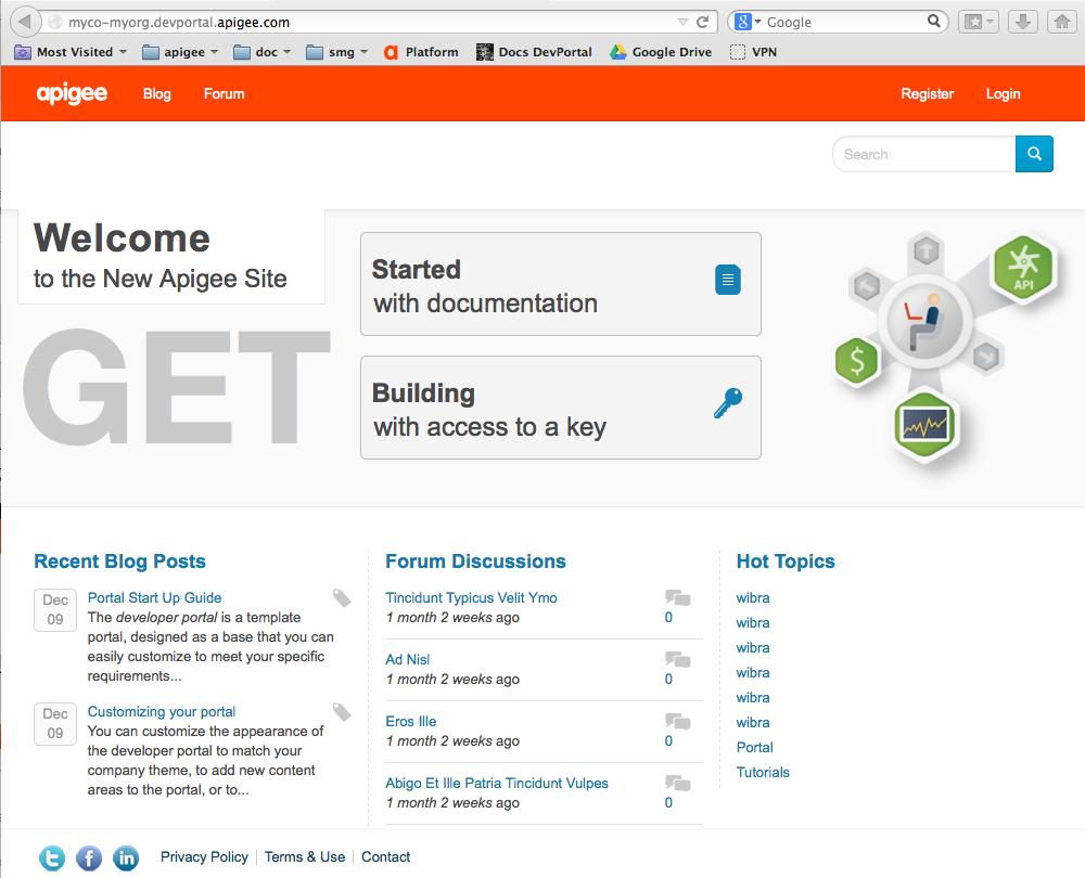 O portal padrão baseado no drupal com links para tópicos iniciais, discussões de fóruns e tópicos atuais.