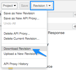 Menu Project dengan Download Revision dipilih untuk mendownload Revisi 1 proxy API.