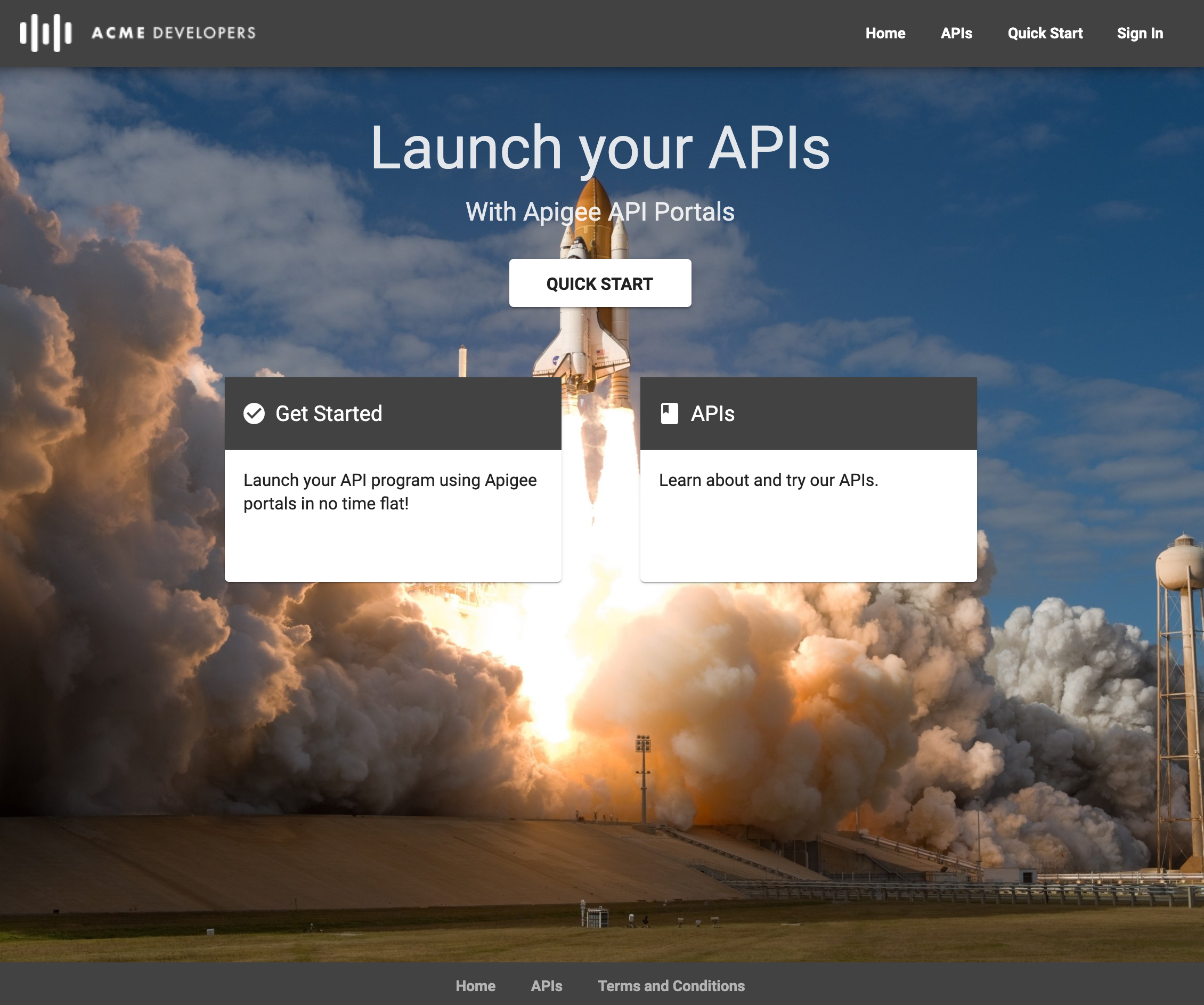 預設的整合式入口網站頁面，提供標示快速入門、開始使用和 API 的連結。