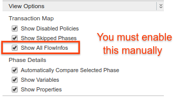 Selecciona View Options para ver una lista de las casillas de verificación que usas para habilitar
        o inhabilitar varias opciones de configuración. Habilita la tercera opción inferior
        Transaction Map, “Show All FlowInfos”, marcando la casilla junto a él.