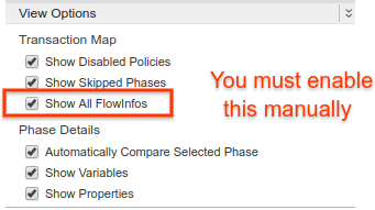 選取「View Options」即可顯示核取方塊，用於啟用或停用各種設定。勾選「Show All FlowInfos」下方的第三個選項，啟用交易對應中的第三個選項。
