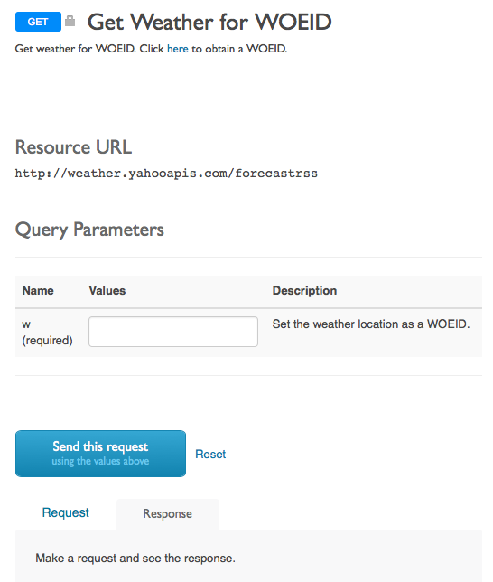 SmartDocs API 方法主题，可让您通过点击该主题中的按钮调用天气 API。