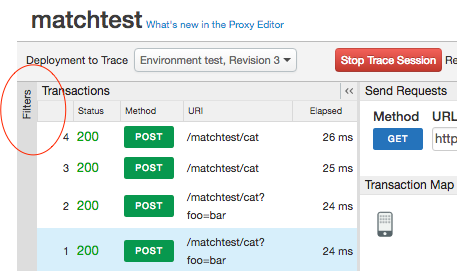 Im Trace-Tool ist das Label für die Seitenleiste „Filter“ eingekreist.