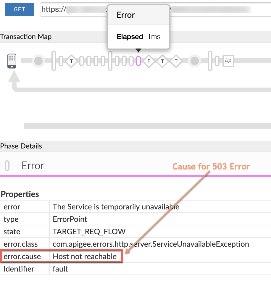 Exemple de requête affichant "error.cause" dans la trace