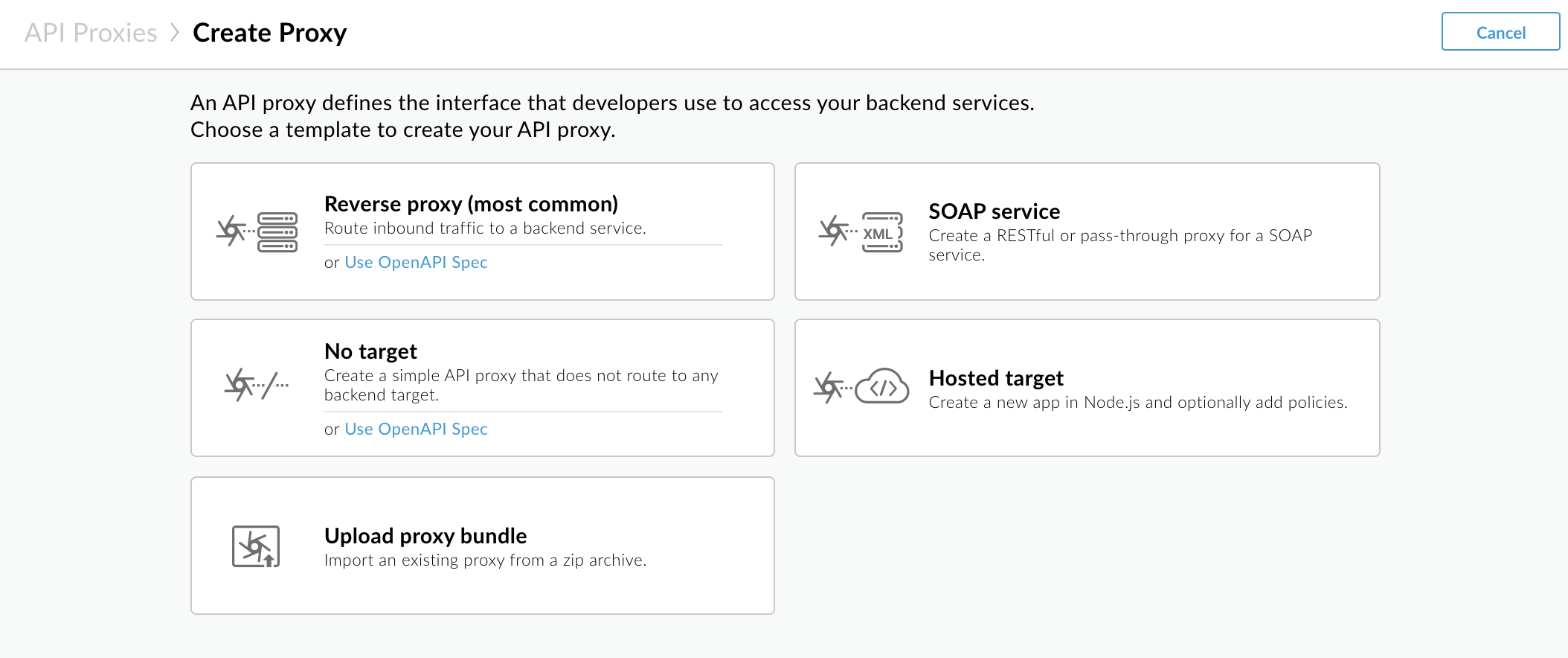 Halaman pertama wizard Create Proxy meminta Anda untuk memilih reverse proxy, SOAP service, No Target, atau Proxy bundle untuk menyesuaikan alur wizard.