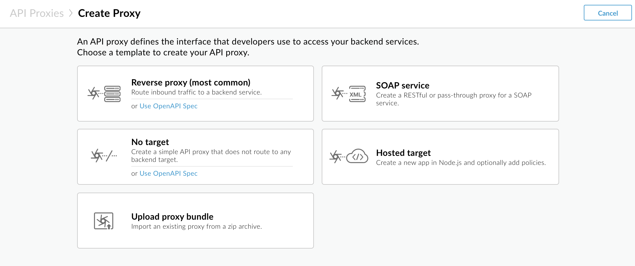En la primera página del asistente de creación de proxy, se te pedirá que selecciones un proxy inverso, un servicio de SOAP, un proxy sin destino o un paquete de proxy para personalizar el flujo del asistente.