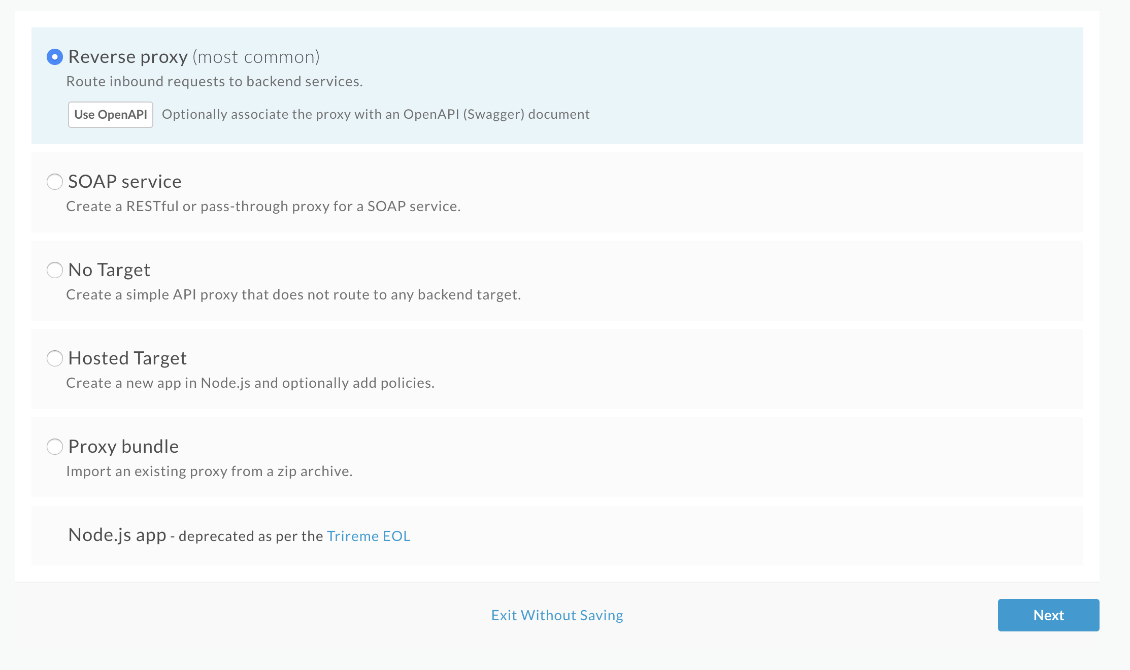 First page of the Create Proxy wizard prompting you to select reverse proxy, SOAP service, No Target, or Proxy bundle to customize the wizard flow.