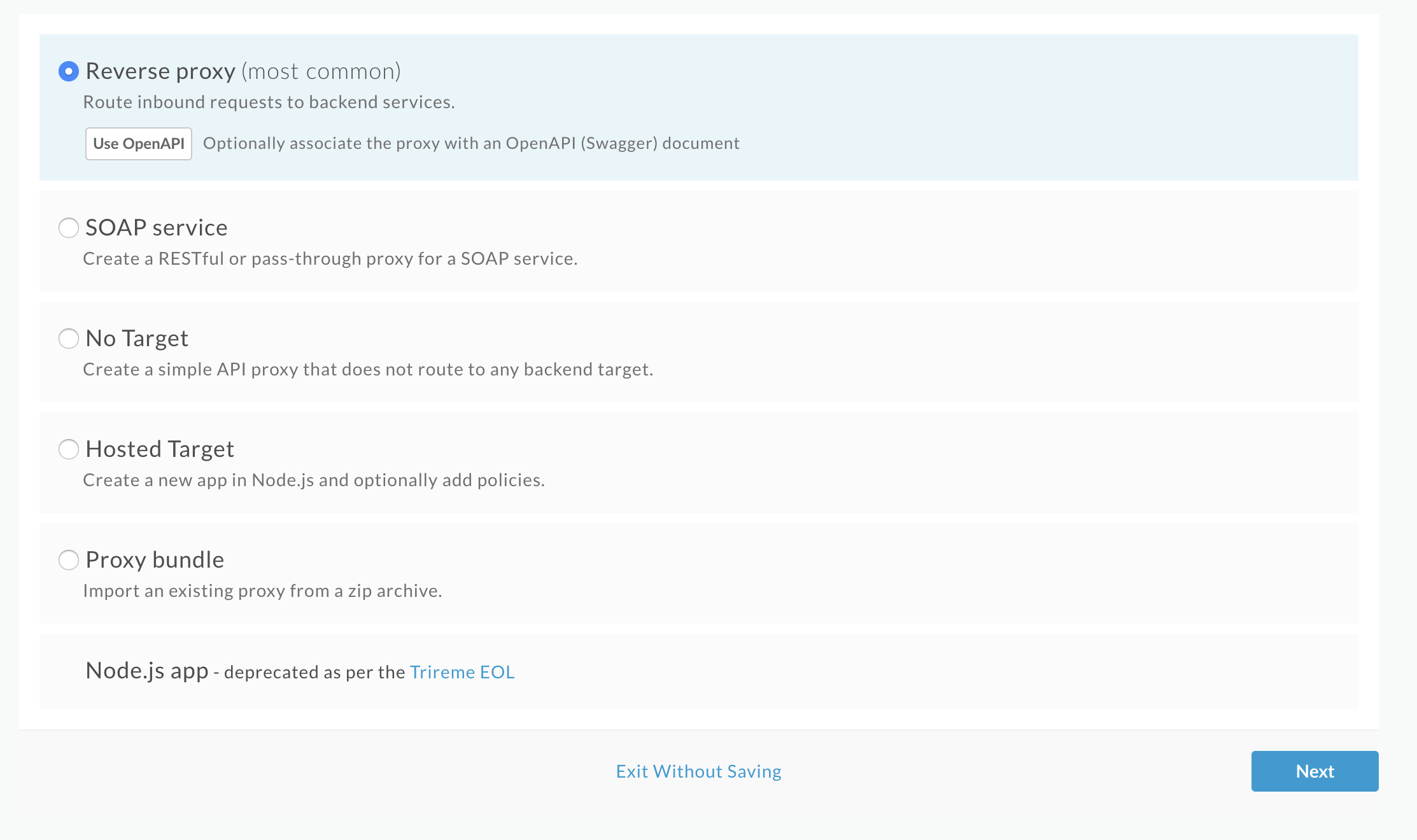 Pierwsza strona kreatora tworzenia serwera proxy z prośbą o wybranie odwrotnego serwera proxy, usługi SOAP, Brak celu lub pakietu serwera proxy w celu dostosowania przepływu kreatora.