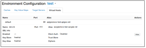 「Virtual Hosts」(虛擬主機) 分頁會顯示名稱、通訊埠和別名等資訊。