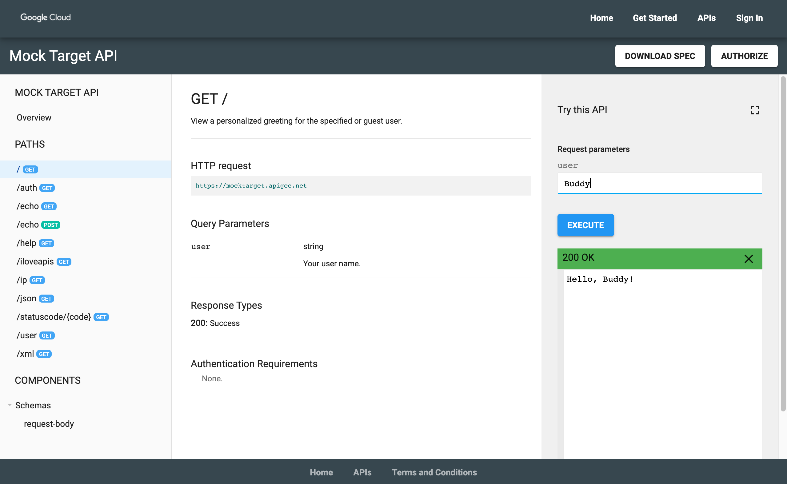 Mock Target API yang dipublikasikan dengan panel Coba API ini