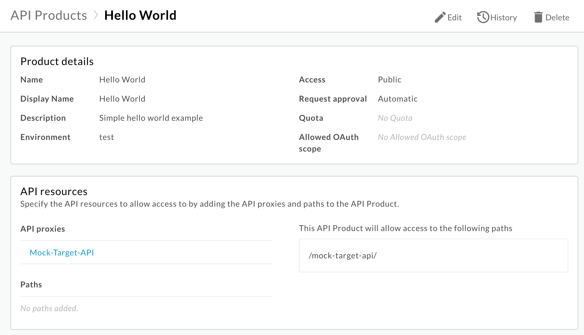 Hello World API product showing all fields set