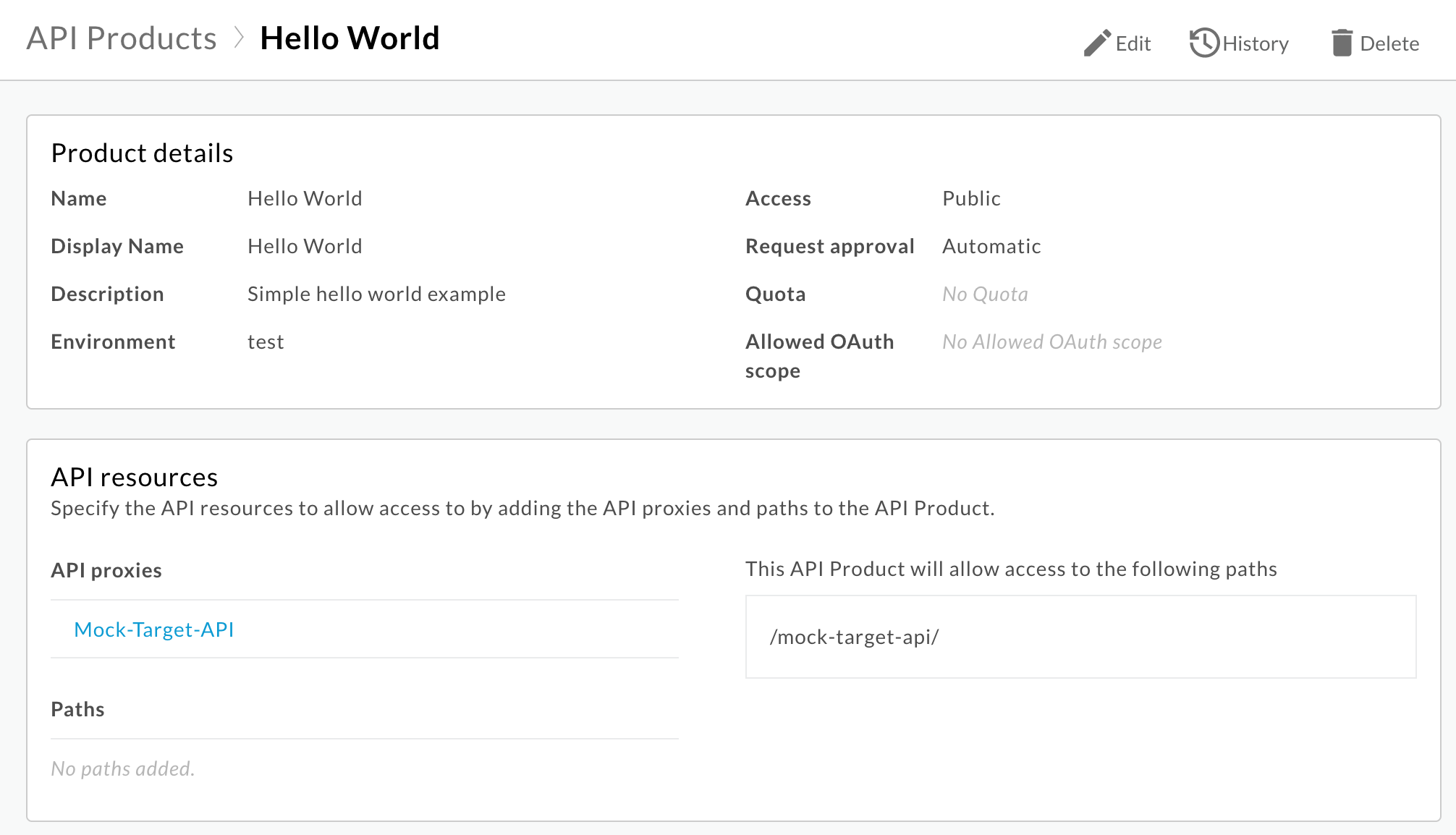 显示已设置的所有字段的 Hello World API 产品