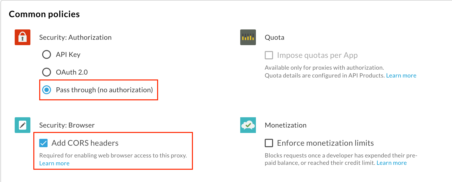 Pagina Norme comuni nella procedura guidata Crea proxy con le opzioni Trasferisci e Aggiungi intestazioni CORS selezionate