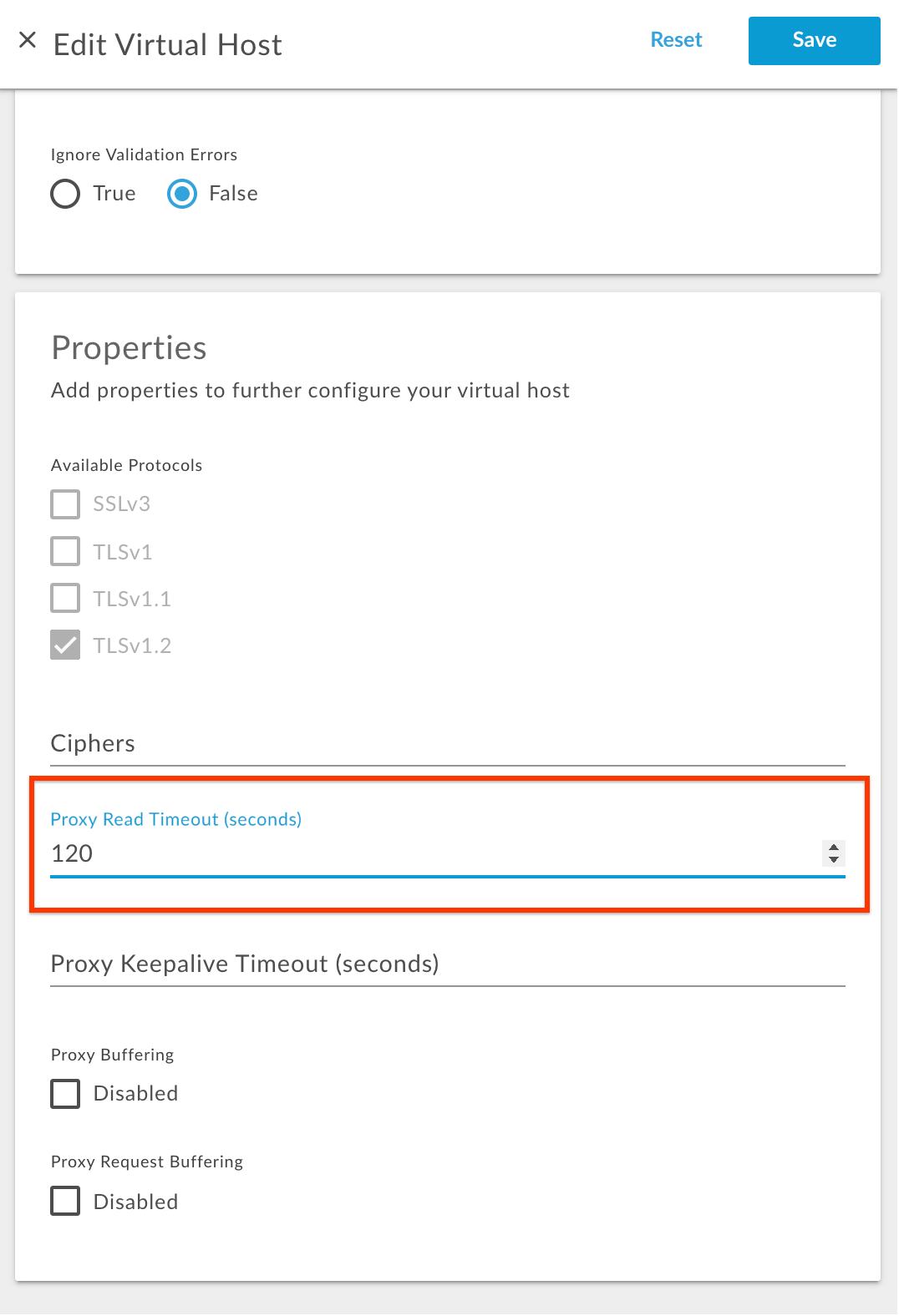 プロキシの読み取りタイムアウト値が 120